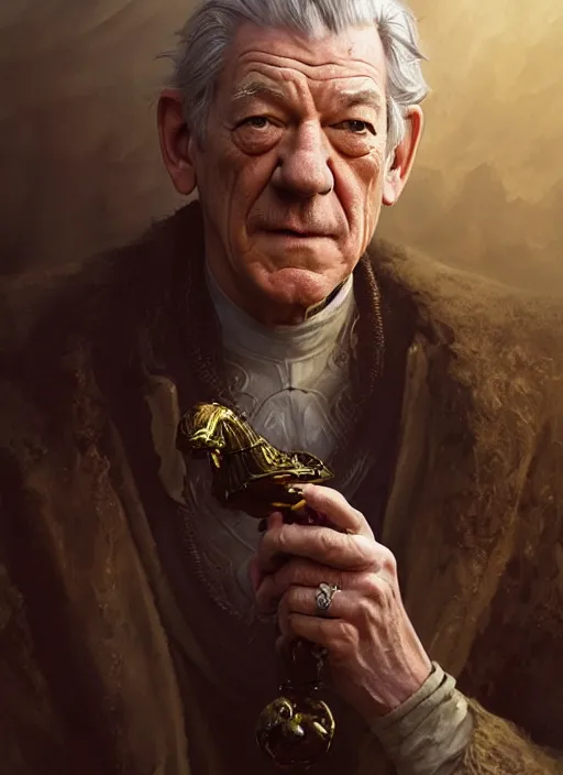 Image similar to ian mckellen as oscar diggs, intricate, d & d, wizard, fantasy, art nouveau, digital painting, trending on artstation, sharp focus, wide shot, illustration, global illumination, ray tracing, art by artgerm and greg rutkowski and ruan jia