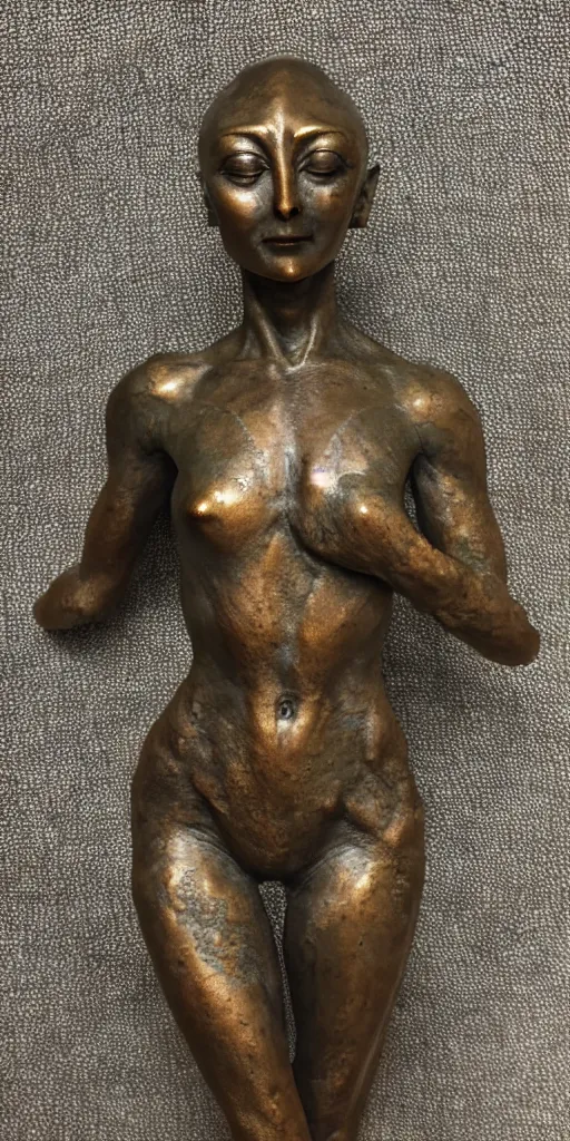 Image similar to detailed photo of old bronze patina statue of most beautiful alien woman, full body portrait, various bending poses, photorealism, intricate detail, museum diffuse lighting