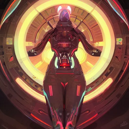 Image similar to symmetry, abstract futuristic robotic, psychedelic background, apex legends, epic lighting, illustration black outlining, ultra detailed, art by artgerm and greg rutkowski and alphonse mucha