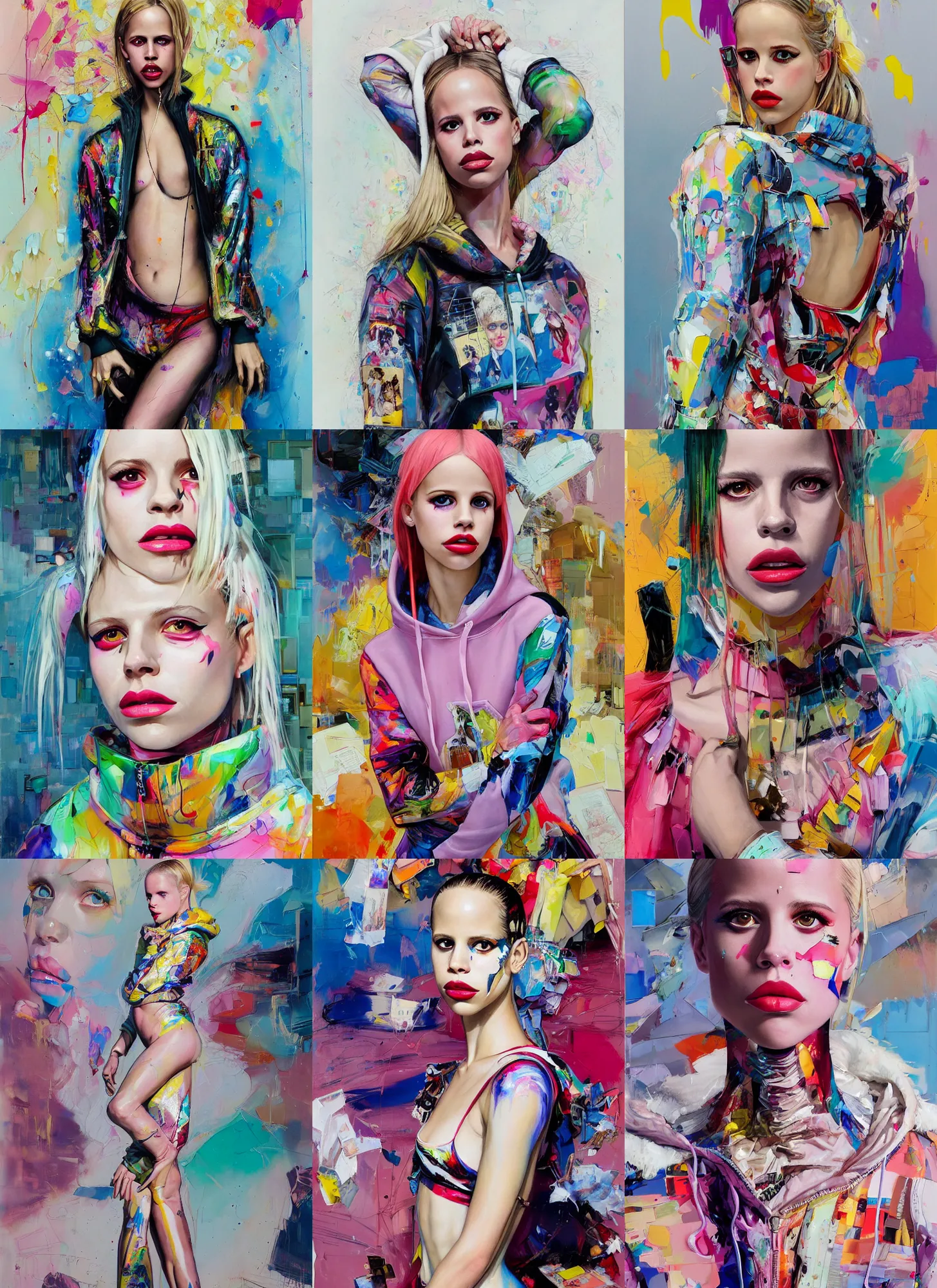 Prompt: ( ( yolandi visser ) ) halston sage in the style of martine johanna and donato giancola, wearing a hoodie, standing in a township street, street fashion outfit,!! haute couture!!, full figure painting by john berkey, david choe, ismail inceoglu, pastel color, detailed impasto brush strokes, 2 4 mm lens