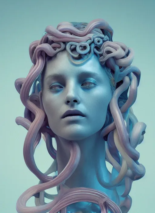 Image similar to medusa made of soft translucent wax, wooden art nouveau swirls, strong subsurface scattering, cables, tubes, subsurface scattering, in the style of ruan jia and beeple and giger, subsurface scattering, mystical colors, back light, rim light, dramatic lighting, 8 k, stunning scene, raytracing, octane render, trending on artstation