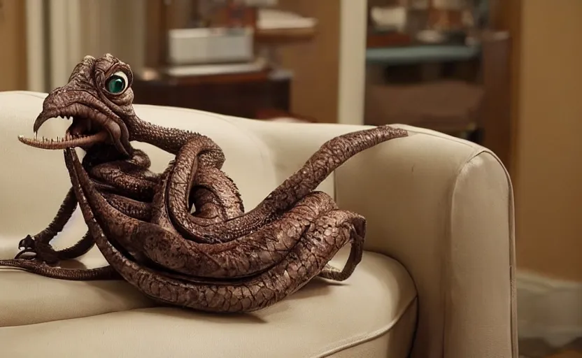 Image similar to an ocotopus waiting on the couch for the phychiatrist to come in, still from the movie her