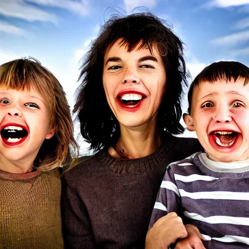 Prompt: family portrait studio of ugly family big rond eyes bad rotten teeth and smile, horrible scary family laughter by Cronenberg, mountain landscape background,, very detailed, grainy image