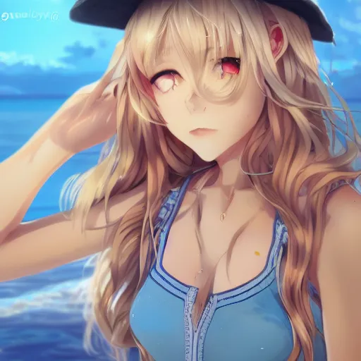 Image similar to a very beautiful anime girl, full body, long wavy blond hair, sky blue eyes, full round face, short smile, cute top, short jeans, summer lake setting, cinematic lightning, medium shot, mid-shot, highly detailed, trending on Artstation, Unreal Engine 4k, cinematic wallpaper by Stanley Artgerm Lau, WLOP, Rossdraws, James Jean, Andrei Riabovitchev, Marc Simonetti, and Sakimichan