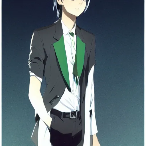 Image similar to full body portrait character concept art, anime key visual of decadent green long straight hair young anime male in black suit, green long straight hair and brown eyes, finely detailed perfect face studio lighting delicate features directed gaze, gapmoe kuudere grimdark, trending on pixiv fanbox, painted by greg rutkowski makoto shinkai takashi takeuchi studio ghibli