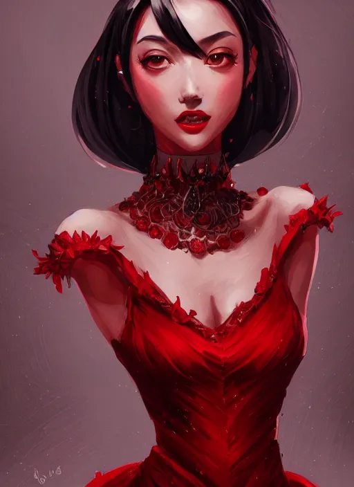 Image similar to a highly detailed illustration of hime cut black haired woman wearing red dress, dramatic smiling pose, intricate, elegant, highly detailed, centered, digital painting, artstation, concept art, smooth, sharp focus, league of legends concept art, wlop