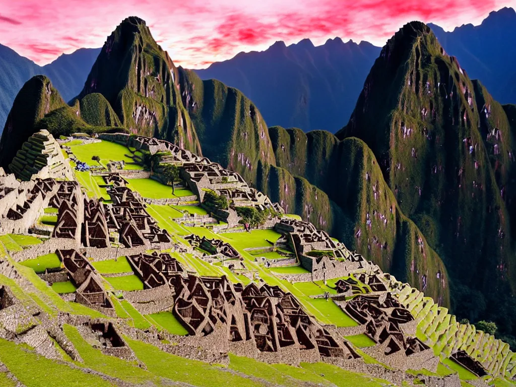 Prompt: a serene landscape of three giant, abstract, brightly - colored metallic pyramids in machu picchu at sunset