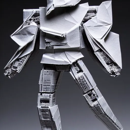 Prompt: an origami cyborg, incredibly detailed, textured paper, akira yoshizawa