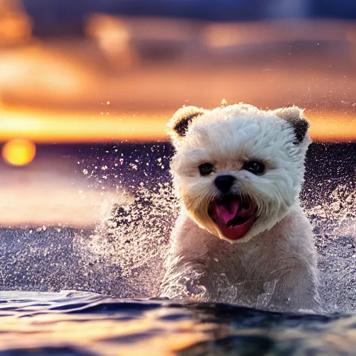 Image similar to a closeup photorealistic photograph of a cute smiling tiger bichon puppy splashing in the surf during sunset. professional capture, well lit shot. this 4 k hd image is trending on artstation, featured on behance, well - rendered, extra crisp, features intricate detail, epic composition and the style of unreal engine.