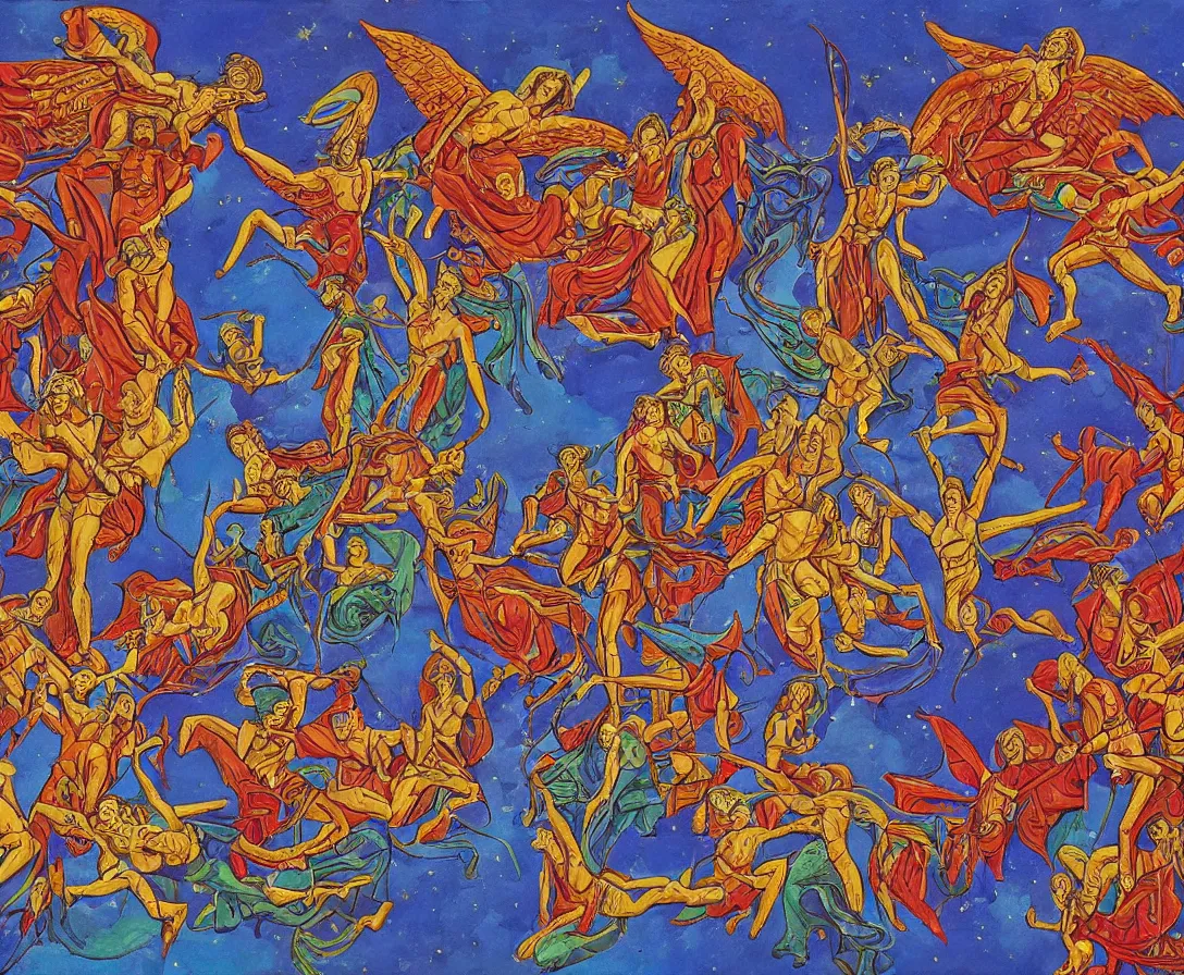 Image similar to sacred angels fighting in the skies of seattle, gouache, stylised, by mati klarwein and moebius