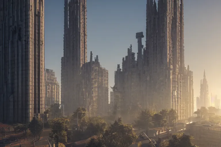 Image similar to streetscape, a towering cathedral of brutalist architecture, buildings covered with greebles, stunning volumetric light, sunset, metal, concrete and translucent material, stunning skies, majestic landscape, trending on Artstation, 8k, photorealistic, hyper detailed, unreal engine 5, IMAX quality, cinematic, epic lighting, in the style of Greg Rutkowski