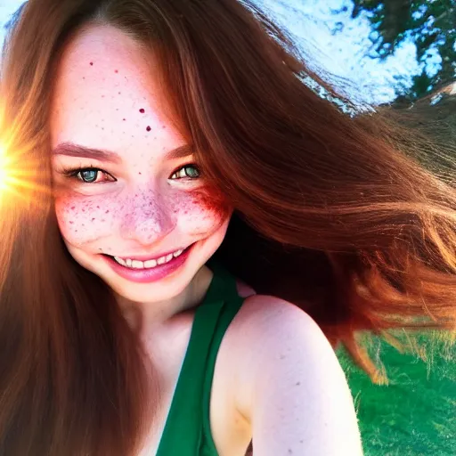 Image similar to beautiful hyperrealism selfie of a cute 3 d young woman smiling softly, long light bronze brown hair, cute freckles, flushed face, red blush, small heart - shaped face, soft features, emerald green eyes, golden hour, 8 k, sharp focus, instagram