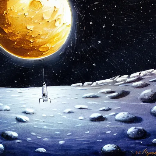 Prompt: very detailed painting of a science fiction spaceship landing on an ice-covered moon, night, space, stars, Milky way