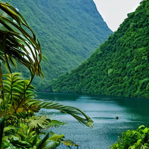 Prompt: a fjord in a tropical jungle.