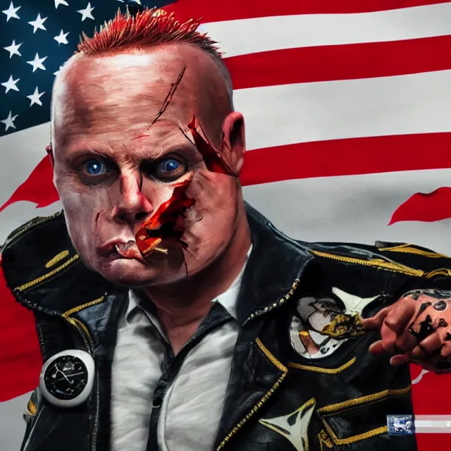 Prompt: Keith Flint from The Prodigy as the President of the USA, artstation, smooth, octane render, wide shot