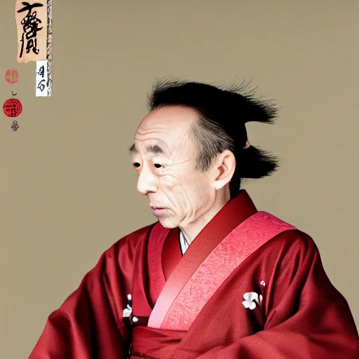 Image similar to Japanese Michel Houellebecq wearing kimono, realistic, photo studio, HDR, 8k, trending on artstation