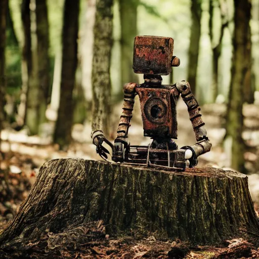 Image similar to rusty robot with a human arm, sitting on a stump in the forest, high quality photo, sigma 5 5 mm