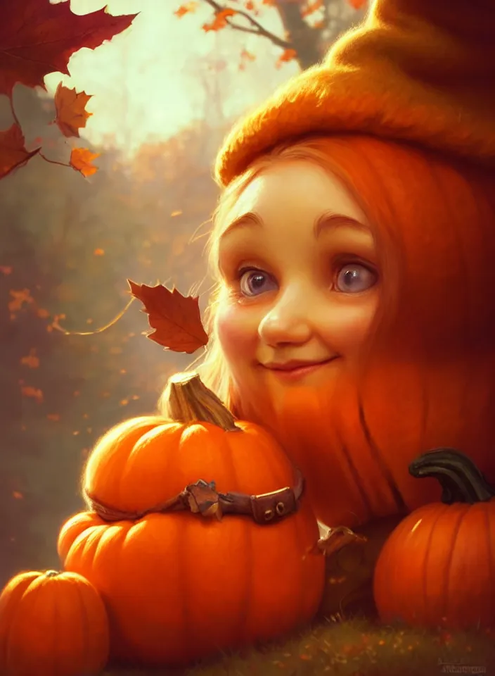 Prompt: hand drawn cute one gnomes face in autumn and pumpkin, detailed closeup face, concept art, low angle, high detail, warm lighting, volumetric, godrays, vivid, beautiful, trending on artstation, art by artgerm and greg rutkowski and alphonse mucha