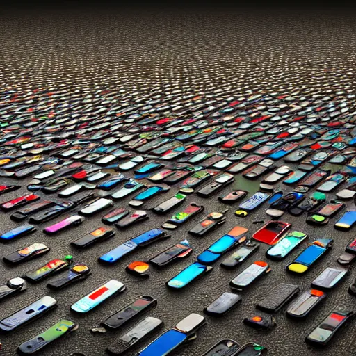 Prompt: flawless photorealistic detailed painting of graveyard of mobilephones, human graveyard, concept art, masterpiece, humor, critical, 8 k hd resolution