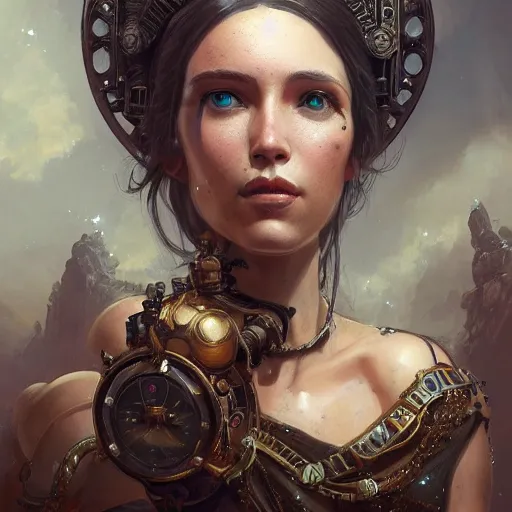 Image similar to a beautiful portrait of a steampunk goddess, a detailed painting by greg rutkowski and raymond swanland, featured on cgsociety, fantasy art, detailed painting, artstation hd, photorealistic