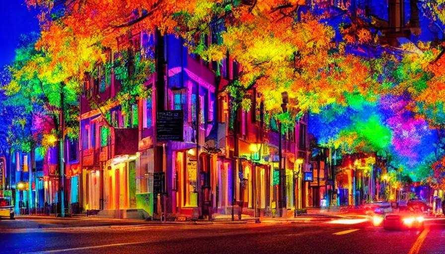 Image similar to a beautiful colorful city street at night