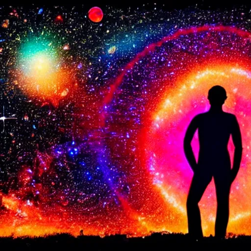 Image similar to A psychedelic silhouette of a human body filled with the universe, planets, stars and galaxies