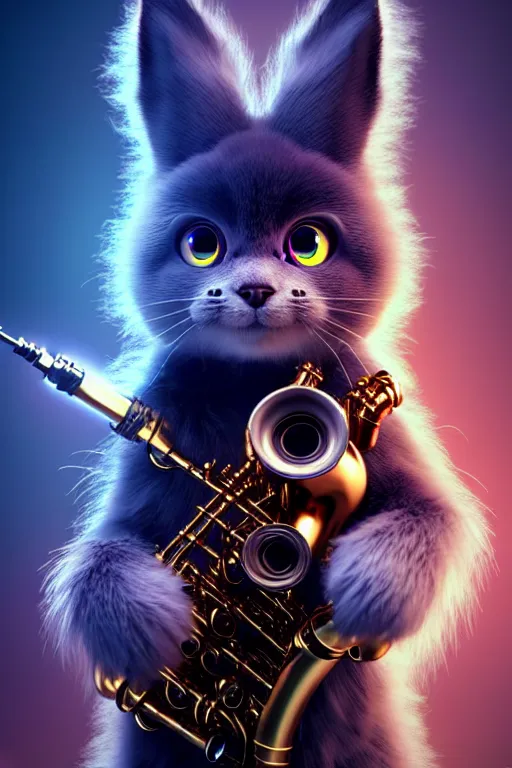 Image similar to high quality 3 d render very cute fluffy cyborg! cat plays saxophone, cyberpunk highly detailed, unreal engine cinematic smooth, in the style of blade runner & detective pikachu, hannah yata charlie immer, moody light, low angle, uhd 8 k, sharp focus