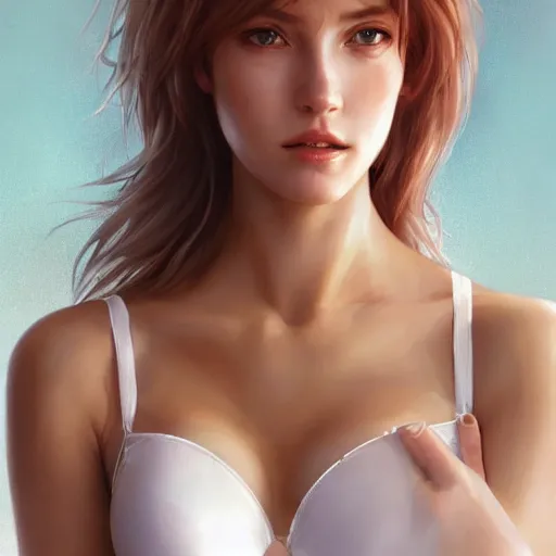Prompt: portrait of claire farron wearing white bra, in water, attractive, casual, modern, victoria's secret, highly detailed, digital painting, artstation, concept art, smooth, sharp focus, illustration, art by artgerm, greg rutkowski and alphonse mucha
