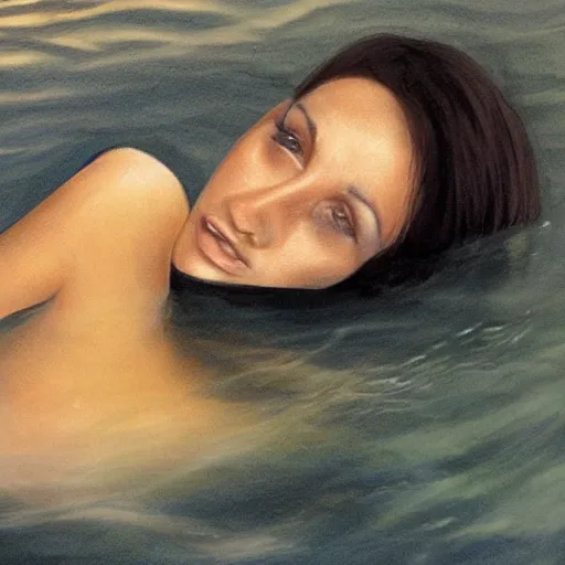 Image similar to photorealistic portrait of a beautiful brunette drowning into black waters with a golden dress