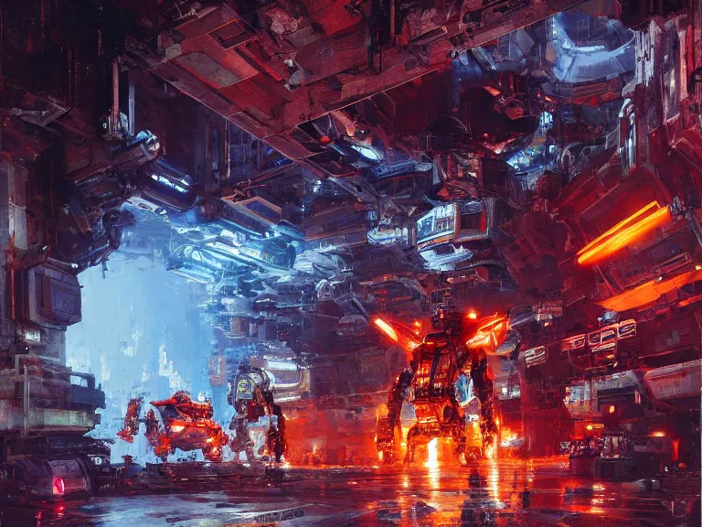 Prompt: a large battle robot stumbles through a cavernous landing bay after a battle, cinematic, dramatic lighting, neon, intricate artwork by john berkey. Trending on artstation. 8k