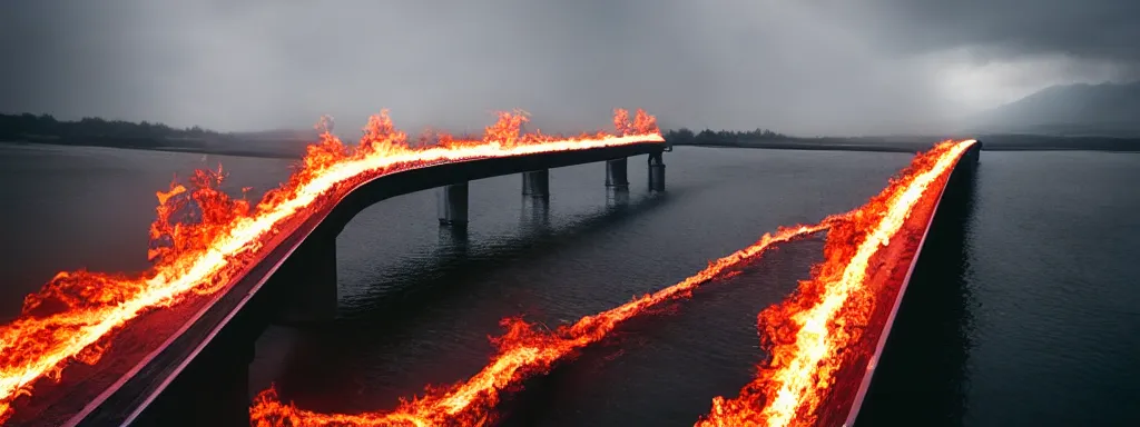 Image similar to Long bridge to hell, dslr, hyper realistic, photojournalism, scary, firey, disturbing