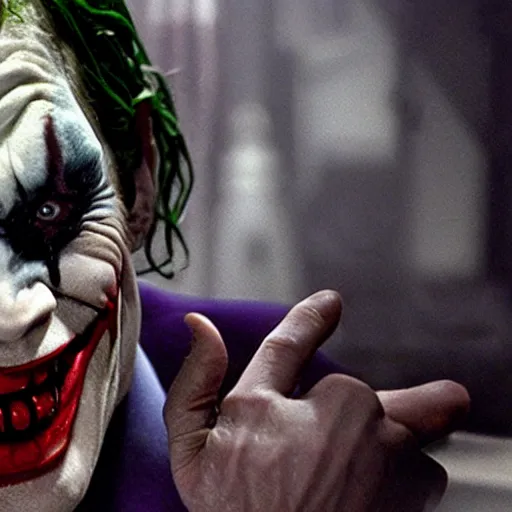 Image similar to Willem Dafoe as The Joker, film still from The Dark Knight, detailed, 4k