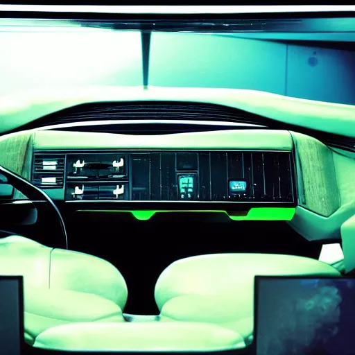 Prompt: car and drive photo, the 1 9 8 0's futuristic cassettepunk dashboard of a concept car, aliens style keyboard and monitors, 1 9 8 0's high - end sleek technology, glow from dashboard, highly polished and shining, beauty photo