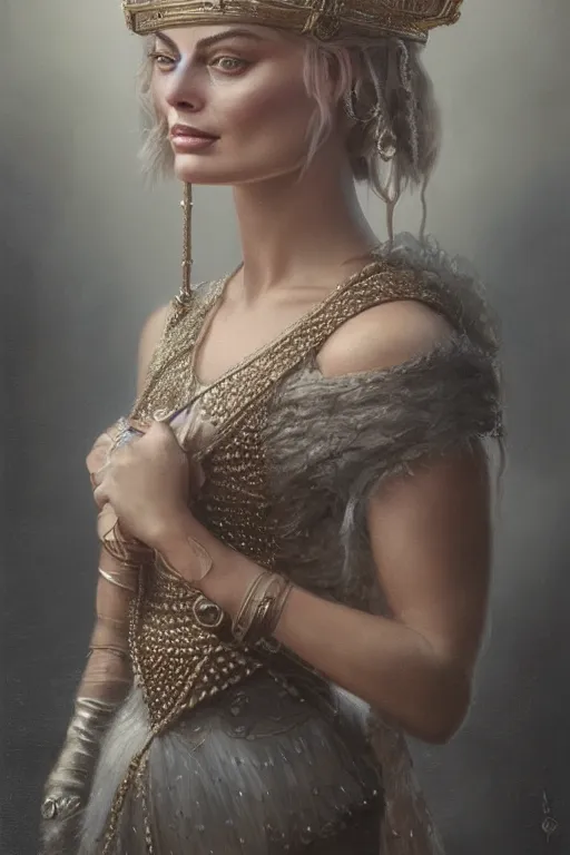 Prompt: A stunning realistic fine art painting of Margot Robbie as a queen by Tom bagshaw, studio portrait, 50mm lens 4k,