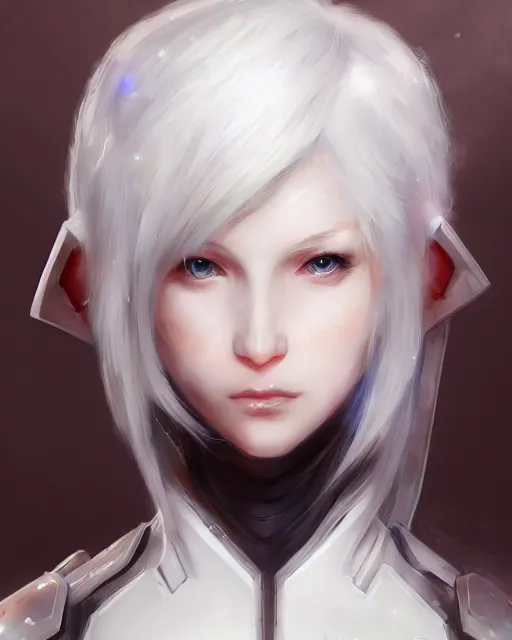 Image similar to perfect white haired girl, warframe armor, beautiful, dreamy, portrait, highly detailed, digital painting, trending on artstation, concept art, sharp focus, illustration, pretty face, blue eyes, scifi platform, front lit, laboratory, experiment, masterpiece, art by masayoshi tanaka, akihiko yoshida, kazuya takahashi