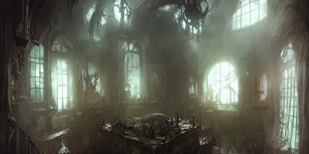 Image similar to dark sinister house interior by Bastien Lecouffe-Deharme and Charles Bowater, Greg Rutkowski, adventure game, inspired by Diablo concept art