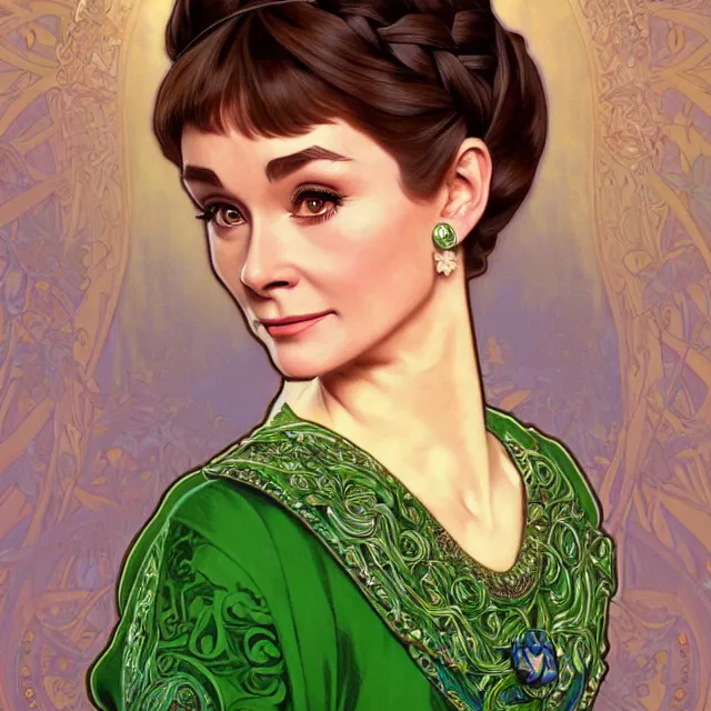 Prompt: ivory carved mage audrey hepburn with braided hair, wearing green and blue ornate robe, plants, intricate, elegant, highly detailed, digital painting, artstaion, full body action concept art, smooth, sharp, focus, illustration, art by artgerm, alphonse mucha, ilya kuvshinov