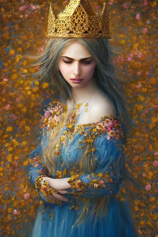 Prompt: a pale Persian girl with golden hair, floral crown, sad blue eyes, cinematic lighting, ultra detailed, highly detailed, sharp focus, golden background with flowers, golden jewellery with blue sapphires, photographic, art by artgerm and greg rutkowski and zdislav beksinski