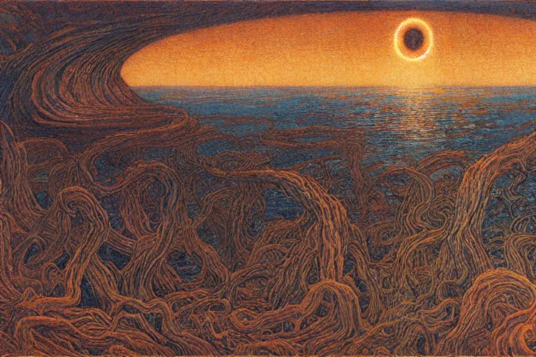 Image similar to lovecraftian landscape, another world by Jean Delville