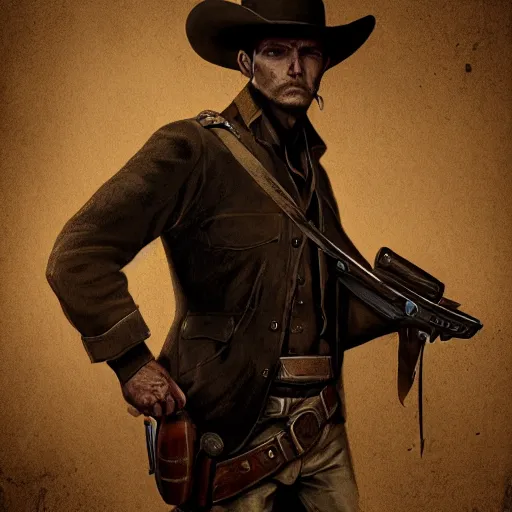 Image similar to a digital portrait of a human hunter from hunt showdown, holding a revolver, western era, hyper realistic, horror, back lighting, luisiana, in the style of greg rutkowski,