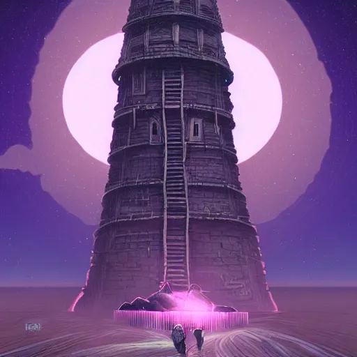 Image similar to ancient tower in the moon, retrowave epic art, trending on art station