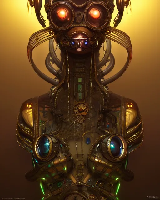 Image similar to steampunk alien, bioluminescent, highly detailed, digital painting, cinematic lighting, hyperrealism, dark retrowave, art by stanley lau and artgerm and magali villeneuve and alphonse mucha, artstation hd, octane render, cgsociety