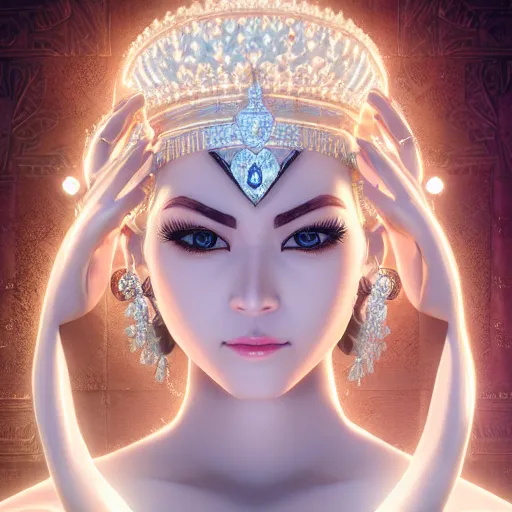 Image similar to portrait of wonderful asian princess of white diamond with fair skin, ornate with white diamonds, 8 k, gorgeous, intricate, detailed, glowing white accent lighting, dramatic lighting, octane render