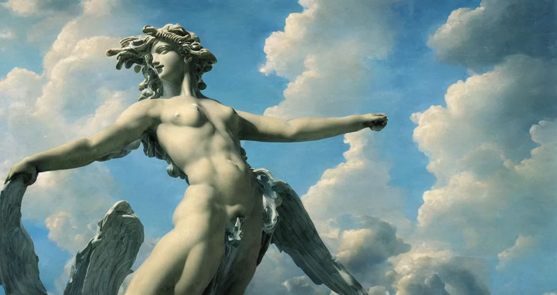 Prompt: Aphrodite statute of winged victory Samothrace made of blueish green crystal detailed on landscape painted clouds background cumulus nimbus dark contrast oil painting heavy blob saturn chaotic