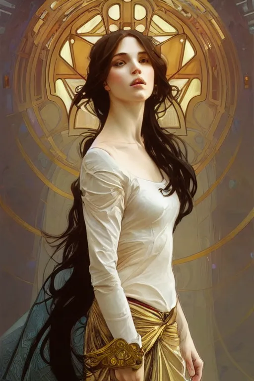 Prompt: portrait of the most beautiful young girl ever, modern style, by greg rutkowski and alphonse mucha, d & d character, gradient white to gold, highly detailed portrait, in front of an urban background, digital painting, artstation, concept art, smooth, sharp focus ilustration, artstation hq