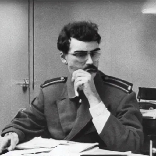 Prompt: pschyatrist at his office thinking about soviet revolution