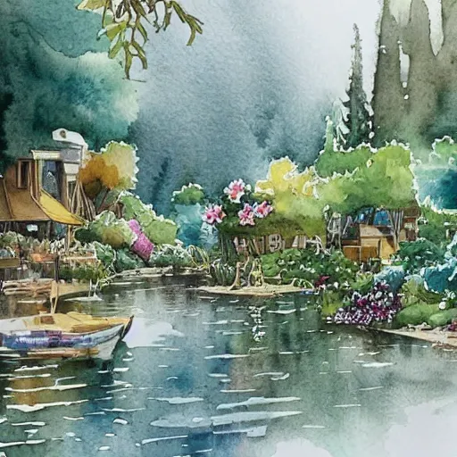 Image similar to Beautiful happy picturesque charming sci-fi town in harmony with nature. Beautiful light. Water and plants. Nice colour scheme, soft warm colour. Beautiful detailed watercolor by Lurid. (2022)