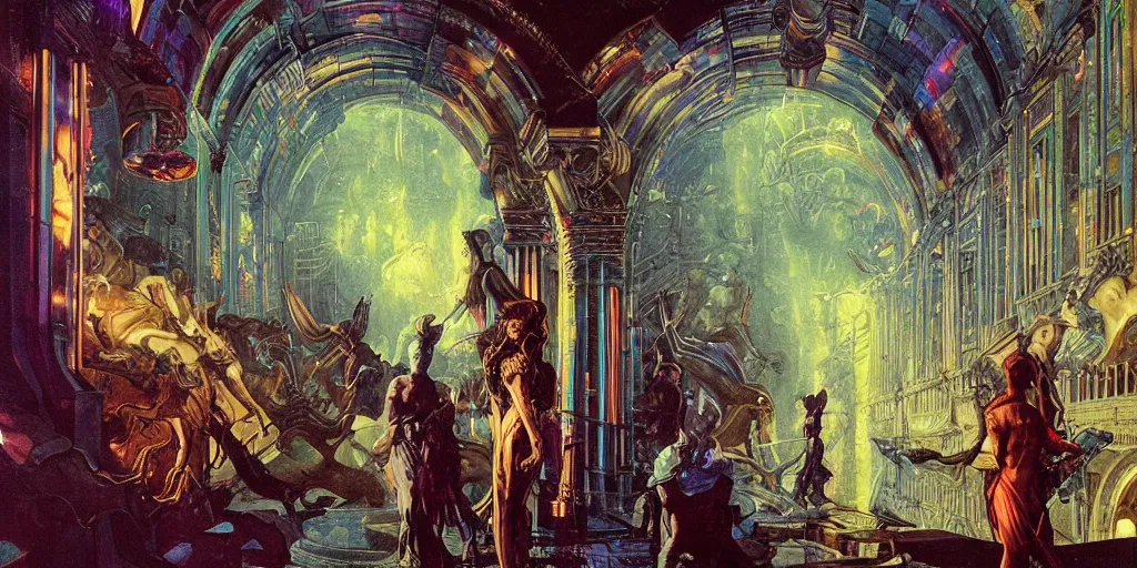 Prompt: baroque neoclassicist sci - fi colorful chrome marble halls of creation. iridescent textures. glowing fog, black background. highly detailed fantasy science fiction painting by moebius, norman rockwell, frank frazetta, and syd mead. rich colors, high contrast