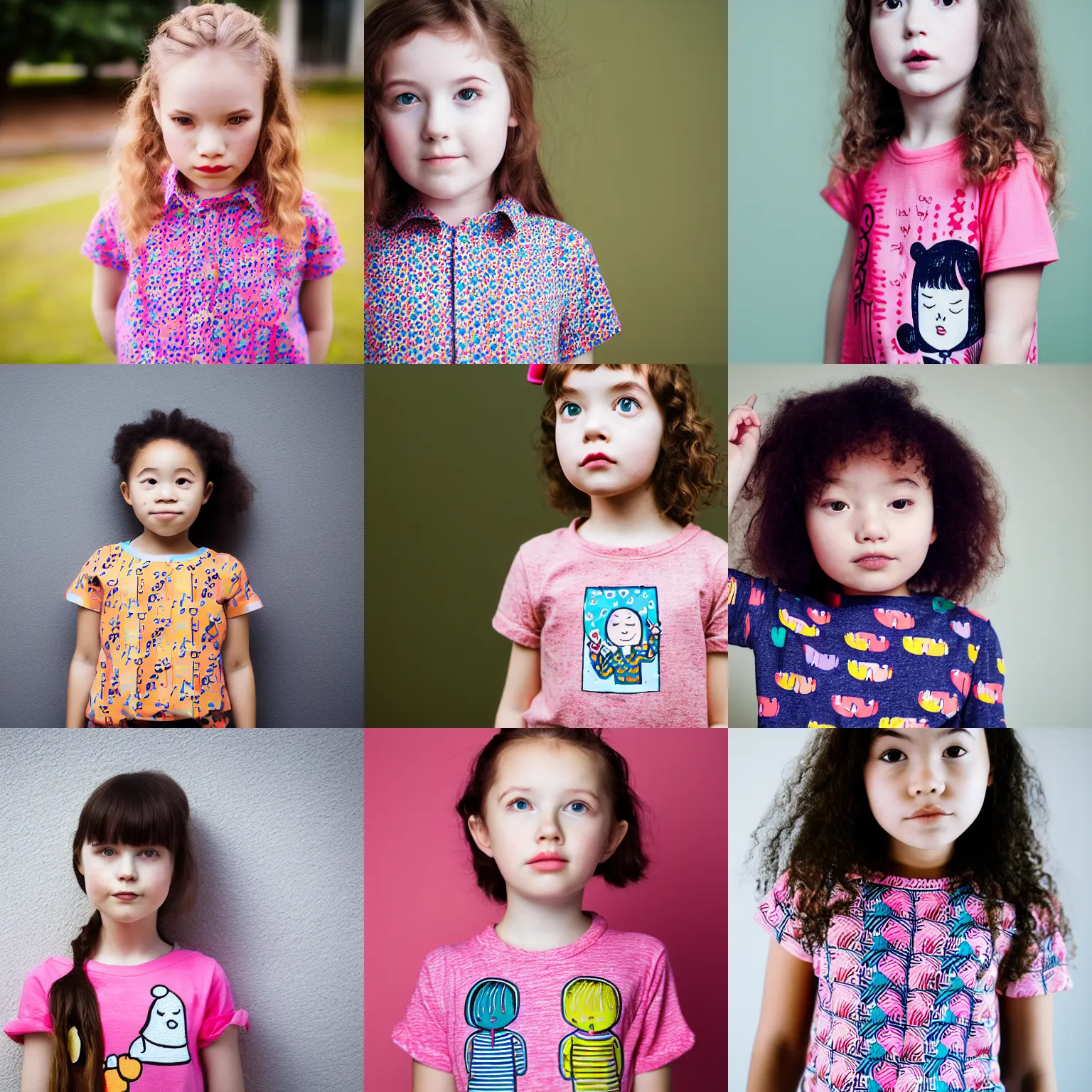 Prompt: portrait of a young girl wearing a shirt designed by mr doodle, mr doodle pattern, beautiful composition, modern color palette, 50mm f1.8, ambient light,