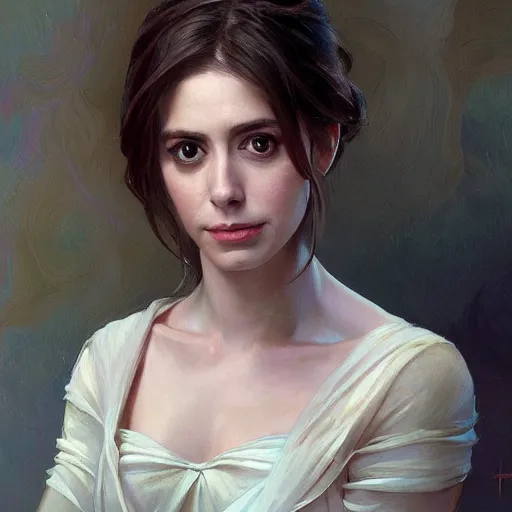 Image similar to a portrait painting of alison brie / anne hathaway / rachel lane hybrid in the oil painting unreal 5 daz. rpg portrait, extremely detailed artgerm greg rutkowski alphonse mucha vladimir volegov